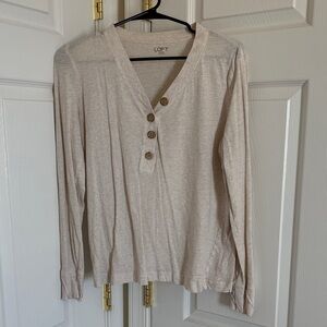 LOFT Beige V-Neck Top with Wooden Buttons